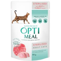 Вологий корм Optimeal для стерилізованих кішок та кастрованих котів, з яловичиною та філе індички в желе, 85 г