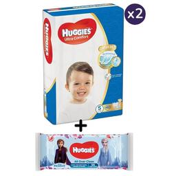 Набор Huggies: Подгузники Ultra Comfort 5 (12-22 кг), 84 шт. (2 уп. по 42 шт.) + Влажные салфетки Frozen All Over Clean, 56 шт.