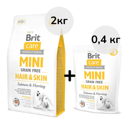Беззерновой сухой корм для собак миниатюрных пород Brit Care GF Mini Hair&Skin, уход за шерстью, с лососем и сельдью, 2 кг + 0,4 кг