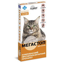 Краплі на холку для котів ProVET Мега Стоп, від зовнішніх та внутрішніх паразитів, від 4 до 8 кг, 4 піпетки по 1 мл (PR020074)