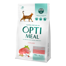 Полнорационный сухой корм для стерилизованных кошек и кастрированных котов Optimeal с высоким содержанием говядины и сорго, 0,7 кг