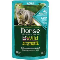 Вологий корм для котів Monge Cat Вwild Gr. Free Wet Adult, тріска з креветками та овочами, 85 г