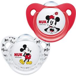 Пустышка силиконовая Nuk Trendline Disney Mickey, ортодонтическая, 0-6 мес., красный с белым, 2 шт. (3953118)