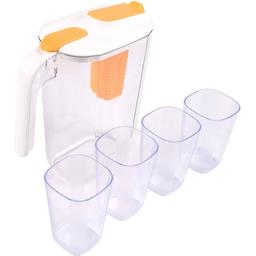 Набір для напоїв Supretto пластиковий глечик із фільтром і 4 склянки прозорий із помаранчевим (83890001)