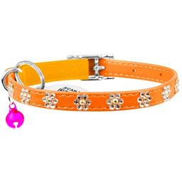 Ошейник для кошек Waudog Glamour Цветочек, кожаный, с эластичной вставкой, со стразами, 22-30х0,9 см, оранжевый