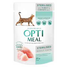 Вологий корм для стерилізованих кішок та кастрованих котів Optimeal з індичкою та курячим філе в соусі, 85 г (B2711302)
