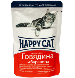 Вологий корм для дорослих котів Happy Cat Rind Lamm in Sosse, шматочки в соусі, з яловичиною та бараниною, 100 г (1002314)