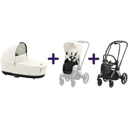 Люлька Cybex Priam Lux Off White + Текстиль для прогулянкового блоку Cybex Priam Off White + Шасі Cybex Priam з каркасом LS RBA Rosegold