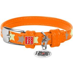 Ошейник для собак Waudog Glamour Звездочка, кожаный, светоотражающий, светонакапливающий, с QR паспортом, M, 30-39х2 см, оранжевый