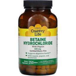Бетаїн Гідрохлорид Country Life Betaine Hydrochloride 600 мг 250 таблеток