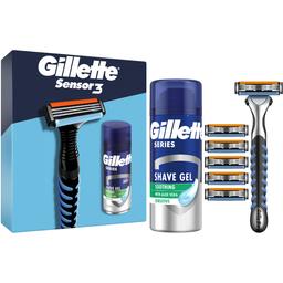 Подарунковий набір для чоловіків Gillette: бритва Sensor3 + змінні катриджі для гоління 5 шт. + гель для гоління Series Sensitive 75 мл