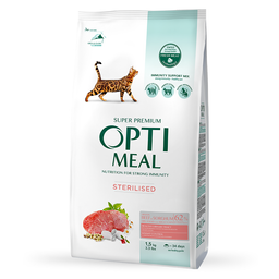 Полнорационный сухой корм для стерилизованных кошек и кастрированных котов Optimeal с высоким содержанием говядины и сорго, 1,5 кг (B1801401)