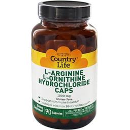 Амінокислотний комплекс L-аргінін L-орнітин Country Life Hydrochloride Caps 1000 мг 90 капсул