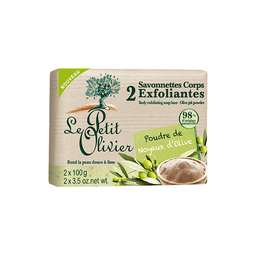 Мыло для тела Le Petit Olivier 100% vegetal oils soap, отшелушивающее, пудра оливковой косточки, 2х100 г (3549620005219)
