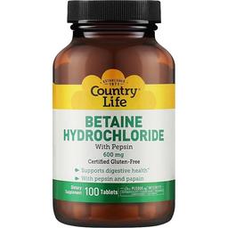 Бетаин Гидрохлорид Country Life Betaine Hydrochloride 600 мг 100 таблеток