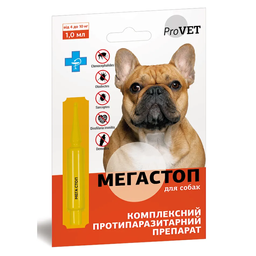 Капли на холку для собак ProVET Мега Стоп, от внешних и внутренних паразитов, от 4 до 10 кг, 1 пипетка по 1 мл (PR241744)