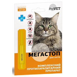 Краплі на холку для котів ProVET Мега Стоп, від зовнішніх та внутрішніх паразитів, від 4 до 8 кг, 1 піпетка по 1 мл (PR241746)