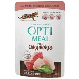 Беззерновий вологий корм для котів Optimeal for carnivores, з телятиною, курячим філе та шпинатом у соусі, 85 г (815893)