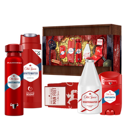 Подарочный набор для мужчин Old Spice Whitewater: Твердый дезодорант 50 мл + Аэрозольный дезодорант 150 мл + Гель для душа 250 мл + Лосьон после бритья 100 мл + Носки