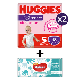 Набор Huggies: Подгузники-трусики для девочек Huggies Pants 5 (12-17 кг), 96 шт. (2 упаковки по 48 шт.) + Влажные салфетки Huggies All Over Clean, 56 шт.