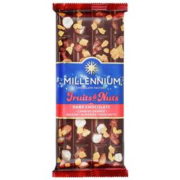 Шоколад черный Millennium Fruits&Nuts с миндалем, целыми лесными орехами, апельсиновыми цукатами и изюмом, 90 г (856196)