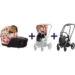 Люлька Cybex Priam Lux Spring Blossom Light + Комплект текстилю для прогулянкового блоку Cybex Priam Spring Blossom Light + Шасі Cybex Priam з каркасом LS RBA Rosegold