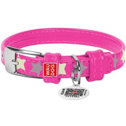 Ошейник для собак Waudog Glamour Звездочка, кожаный, светоотражающий, светонакапливающий, с QR паспортом, M, 30-39х2 см, розовый