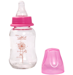 Скляна пляшечка для годування Lindo, вигнута, 125 мл, рожевий (Рk 0980 троянд)