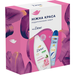 Подарунковий набір Dove Ніжна краса: Гель для душу з маслом піона і троянди 250 мл + Антиперспірант аерозоль з тальком 150 мл