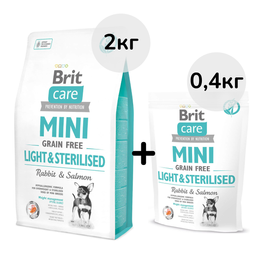 Беззерновой сухой корм для собак миниатюрных пород с избыточным весом или стерилизованных Brit Care GF Mini Light&Sterilised, с лососем и кроликом, 2 кг + 0,4 кг