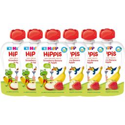 Набір органічних фруктових пюре HiPP HiPPiS Pouch Яблуко-полуниця-банан, 600 г (6 упаковок по 100 г)
