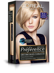 Краска для волос L’Oréal Paris Preference, тон 9,1 (Рим. Очень светло-русый пепельный), 174 мл (A8454801)