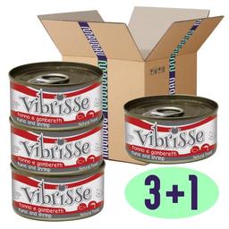 Акція 3+1: Вологий корм для котів Vibrisse Тунець та креветки, 560 г (4 баночки по 140 г)