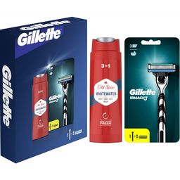 Подарунковий набір для чоловіків: бритва Gillette Mach3 + змінні катриджі для гоління 2 шт. + гель для душу Old Spice 3 в 1 WhiteWater 250 мл