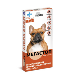 Капли на холку для собак ProVET Мега Стоп, от внешних и внутренних паразитов, от 4 до 10 кг, 4 пипетки по 1 мл (PR020076)
