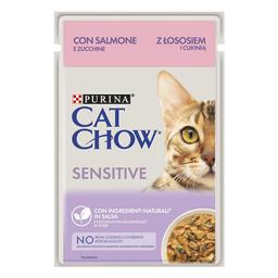 Влажный корм для кошек с чувствительной пищеварительной системой Cat Chow Sensetive, кусочки в соусе, с лососем и цуккини, 85 г