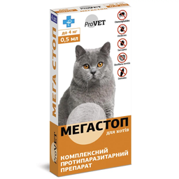 Капли на холку для кошек ProVET Мега Стоп, от внешних и внутренних паразитов, до 4 кг, 4 пипетки по 0,5 мл (PR020073)