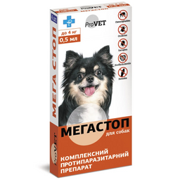 Капли на холку для собак ProVET Мега Стоп, от внешних и внутренних паразитов, до 4 кг, 4 пипетки по 0,5 мл (PR020075)