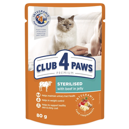 Вологий корм для стерилізованих котів Club 4 Paws Premium, яловичина в желе, 80 г (B5612311)