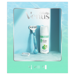 Подарочный набор Gillette Venus Гладкость: Бритвенная ручка + Cменные картриджи для бритья, 2 шт. + Гель для бритья Satin Care Алое Вера, 75 мл