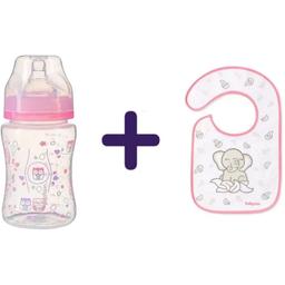 Набір: Пляшка для годування BabyOno, 240 мл, рожевий (403) + Слинявчик-нагрудник махровий BabyOno Flavour Explorer Слон, рожевий (832)