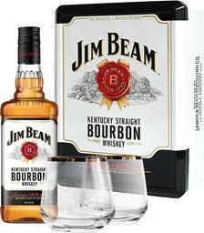 Виски Jim Beam White Kentucky Staright Bourbon Whiskey, в металлической коробке, 40%, 0,7 л + 2 стакана