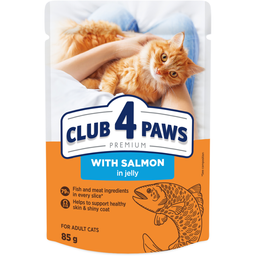 Полнорационный консервированный корм для взрослых кошек Club 4 Paws Premium С лососем в желе, 85 г (B5640301)