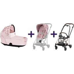 Люлька Cybex Mios Lux Simply flowers pink + Комплект текстилю Cybex Mios Simply flowers pink + Шасі для коляски Cybex Mios LS RBA Rosegold