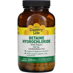 Бетаїн Гідрохлорид Country Life Betaine Hydrochloride 600 мг 250 таблеток