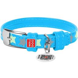 Ошейник для собак Waudog Glamour Звездочка, кожаный, светоотражающий, светонакапливающий, с QR паспортом, L, 38-49х2,5 см, голубой