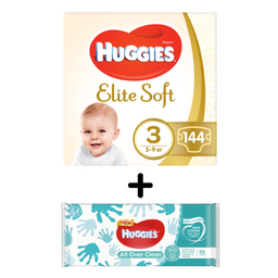 Набір Huggies: Підгузки Huggies Elite Soft 3 (5-9 кг), 144 шт. + Вологі серветки Huggies All Over Clean, 56 шт.