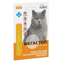 Краплі на холку для котів ProVET Мега Стоп, від зовнішніх та внутрішніх паразитів, до 4 кг, 1 піпетка по 0,5 мл (PR241747)