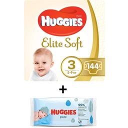 Набір Huggies: Підгузки Huggies Elite Soft 3 (5-9 кг), 144 шт. + Вологі серветки Huggies Pure, 56 шт.