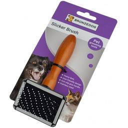 Щетка-пуходерка для собак и кошек Bronzedog с деревянной ручкой и напайкой 12х6 см